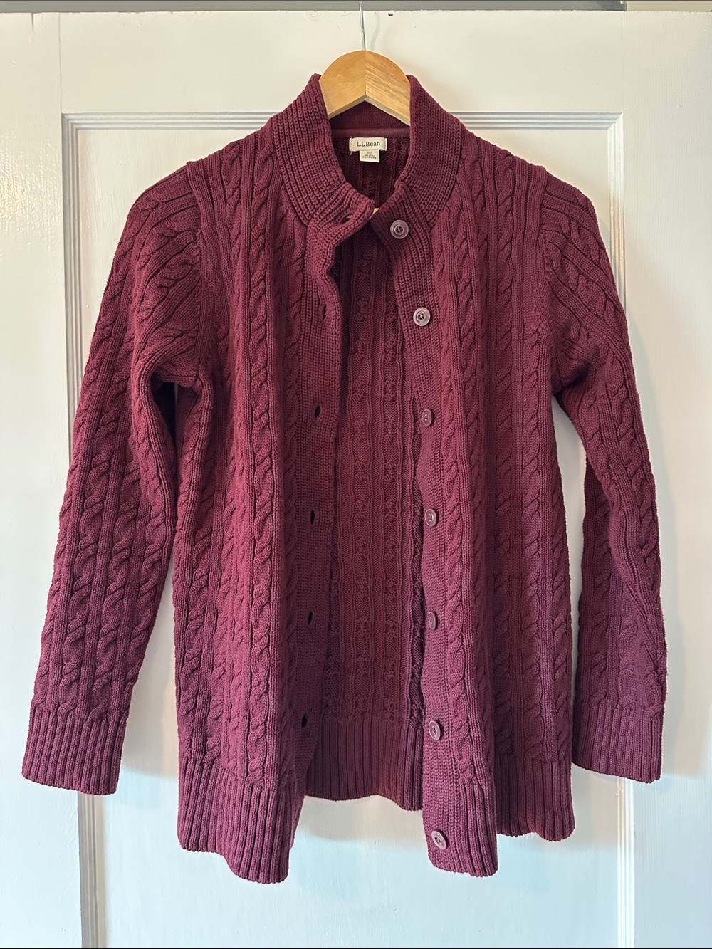 L.L. Bean Cotton Cable Fisherman Holiday Burgundy Button Down Cardigan Sweater